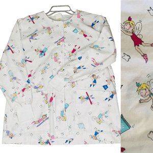 Peaches Vintage White Tooth Fairy Scrubs Top Long Sleeve Pockets Button Down XL